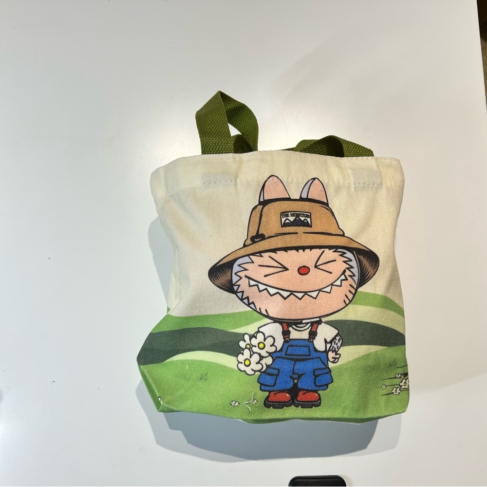 Labubu Cute Canvas Tote Bag with Green Handles